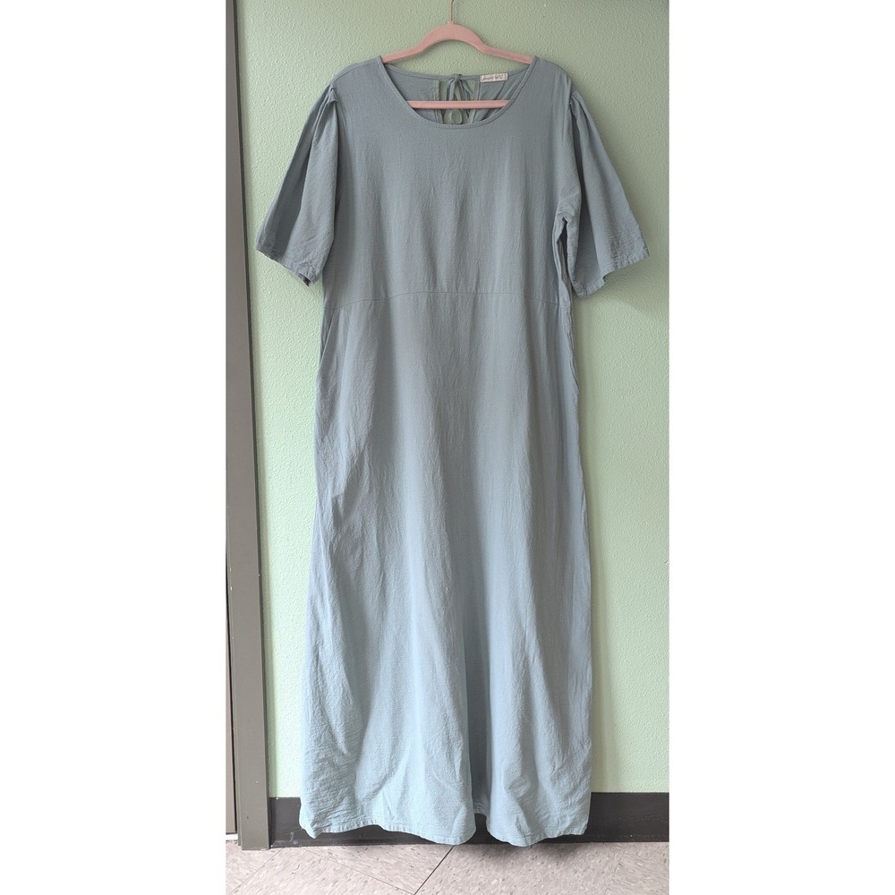 Designer Yao Sage Linen Green Minimalist Lagenlook Peasant Maxi Dress Pocket L
